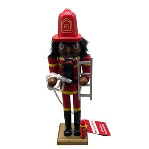 Firefighter Nutcracker Decor Merry Brite Red & Gold latter hose Christmas READ